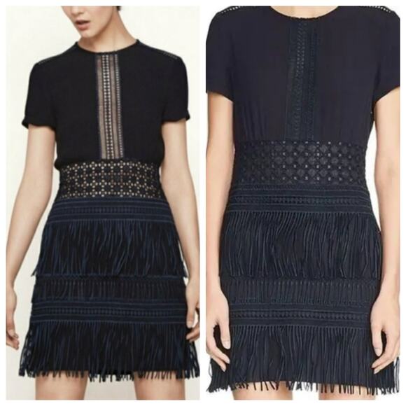 Maje Reia Nuit Sheer Lace Fringe Mini Dress Dark Blue - Picture 1 of 13